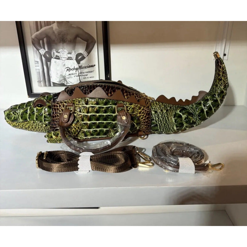 Bolsa Mochila Con Forma De Caimán Cocodrilo Verde Musgo Cocodrilo Dorado