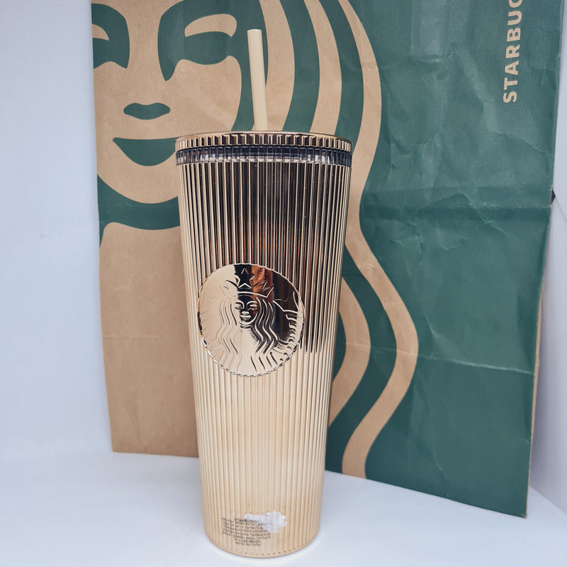 Vaso Starbucks Winter Dorado De Acrílico Con Tapa Y Sorbete Dorado Oscuro