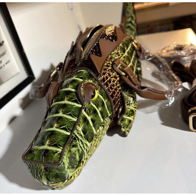 Bolsa Mochila Con Forma De Caimán Cocodrilo Verde Musgo Cocodrilo Dorado