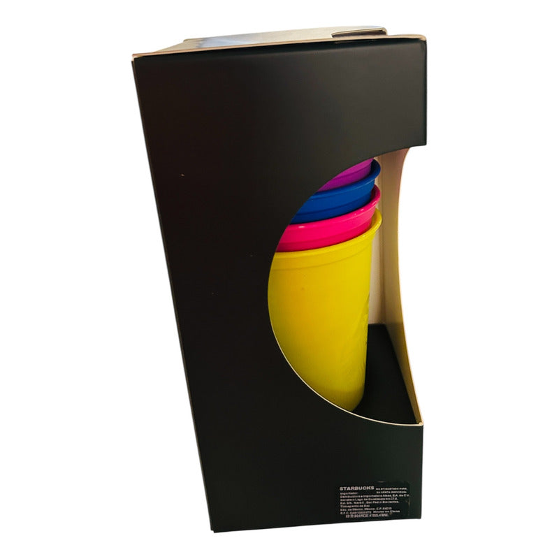 Kit Starbucks Vasos Reusables 473 Ml Con Tapa Neón Multicolor