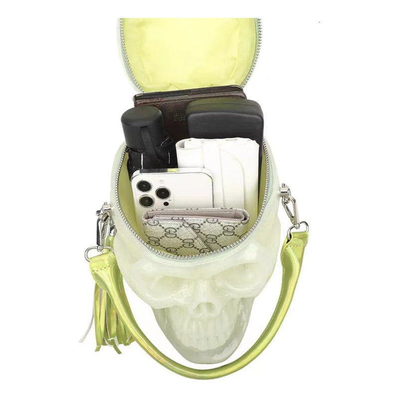 Bolsa 3d Disñeo Calavera Neon Brilla En La Obscuridad Neón 3d Metal Verde Claro