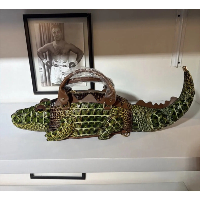 Bolsa Mochila Con Forma De Caimán Cocodrilo Verde Musgo Cocodrilo Dorado