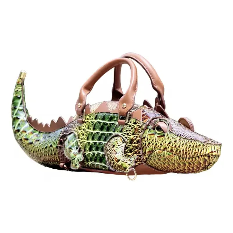 Bolsa Mochila Con Forma De Caimán Cocodrilo Verde Musgo Cocodrilo Dorado