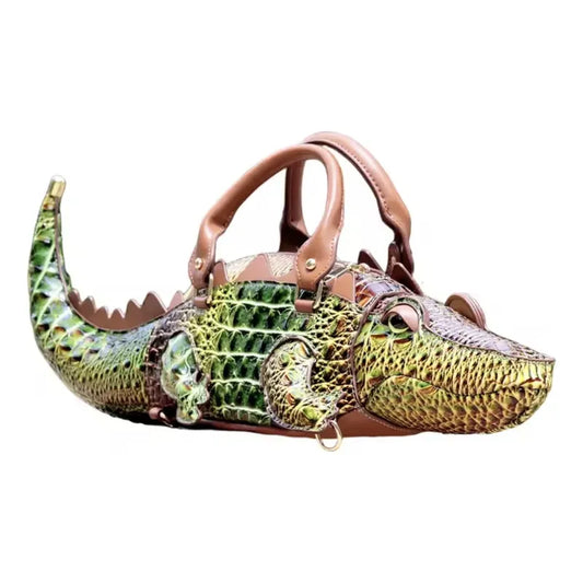 Bolsa Mochila Con Forma De Caimán Cocodrilo Verde Musgo Cocodrilo Dorado