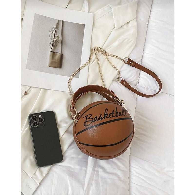 Bolsa Y Aretes Con Forma De Balón De Basquetbol Café Lisa Metal Dorado