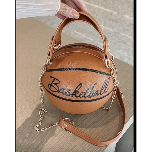Bolsa De Mujer Con Forma De Balón De Basquetbol Café Lisa Metal Dorado