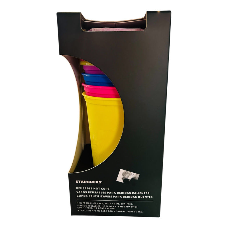 Kit Starbucks Vasos Reusables 473 Ml Con Tapa Neón Multicolor