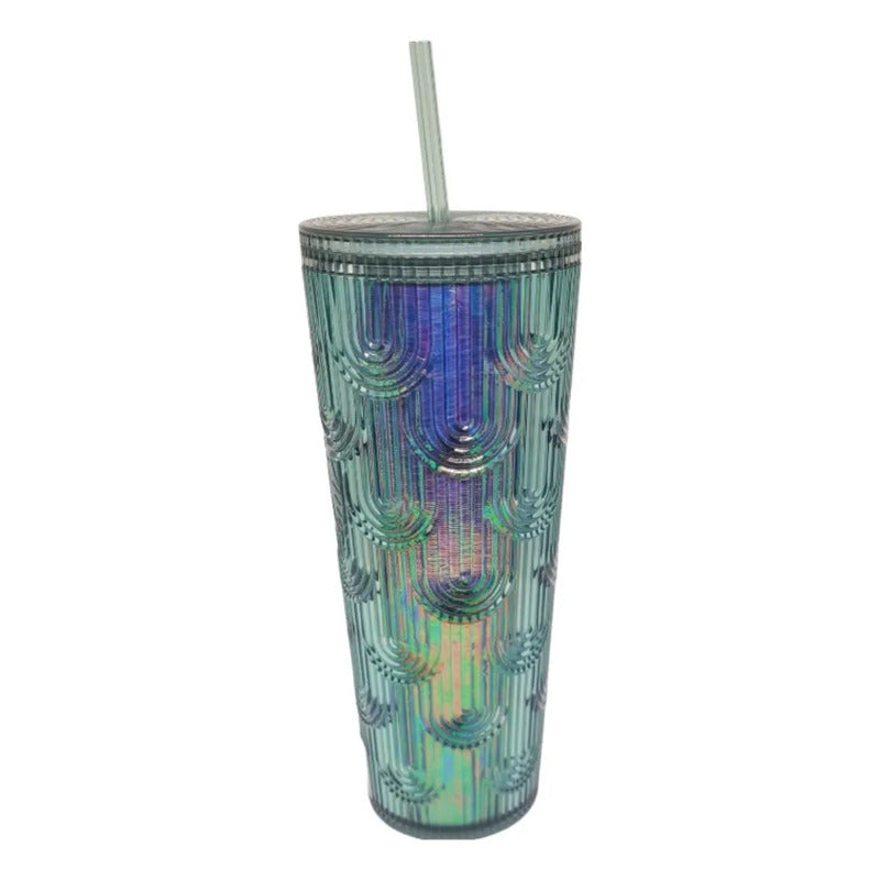Vaso Starbucks Sirena Tornasol De Acrílico Para Bebidas Frías Con Tapa Verde Tornasol